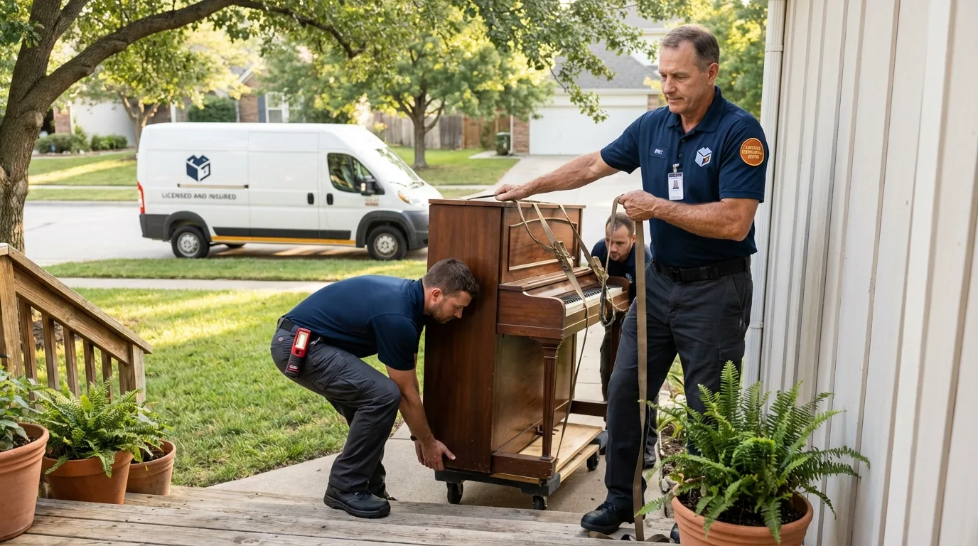 Licensed piano movers securing grand piano in Willow, AK