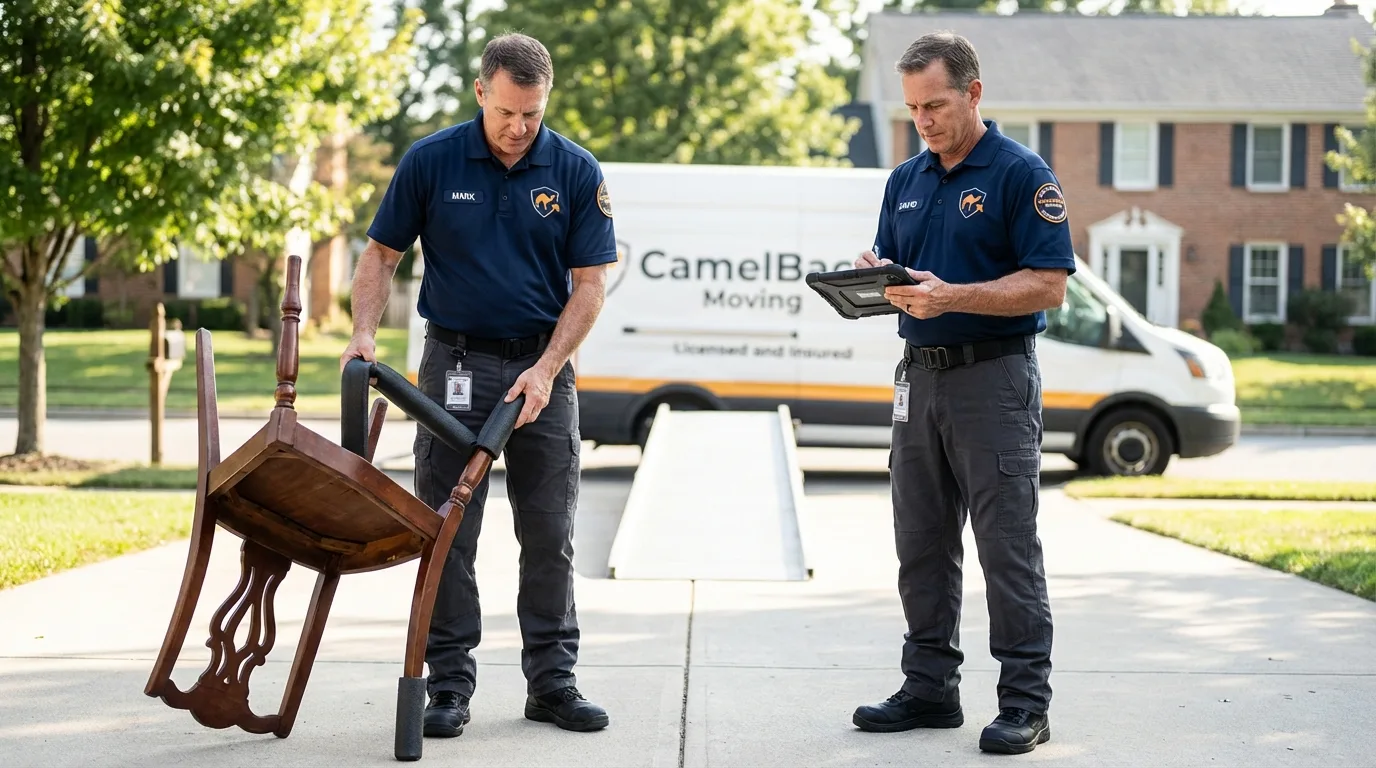 Movers inspecting furniture for damage prevention before loading in Willow, AK